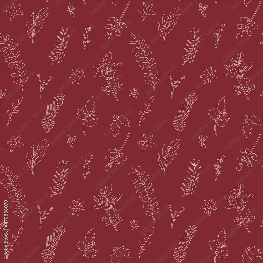Christmas seamless pattern with floral design elements. Christmas fir tree branch, holly, mistletoe. Repeat new year texture with doodle hand drawn winter plants. Vector illustration