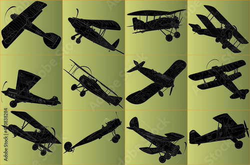 12 Early time Mono & Biplane monochrome silhouette with white detail lines. 複葉機のシルエット12点のイラストセット。セット