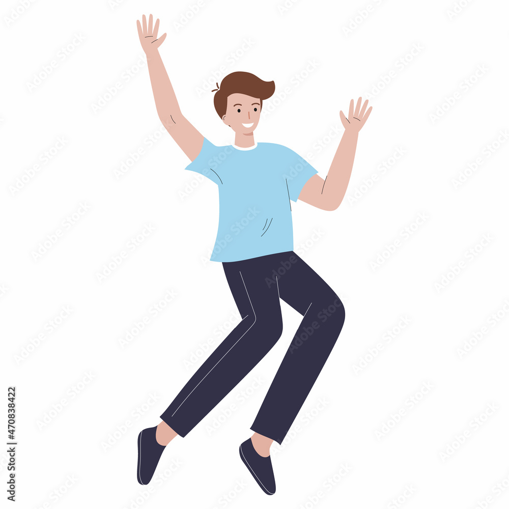 Young man jump joy. Happy people. Success, health and good mood. Positive emotions.