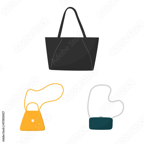 Set of stylish female handbags. Casual bag, tote bag and purse in doodle style.