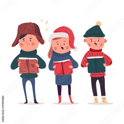 Christmas Carols. Cute kid choir with books vector cartoon illustration isolated on a white background.