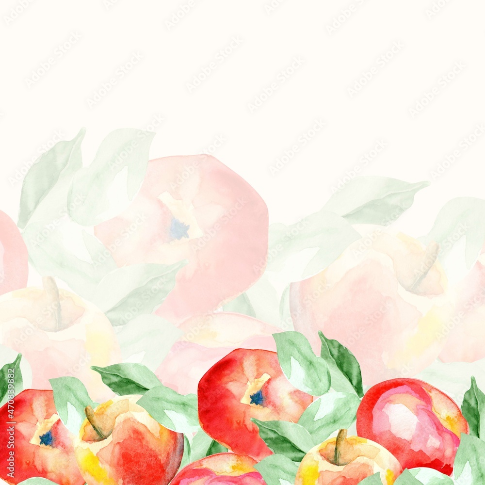 Watercolor background with apples. Red watercolor apples