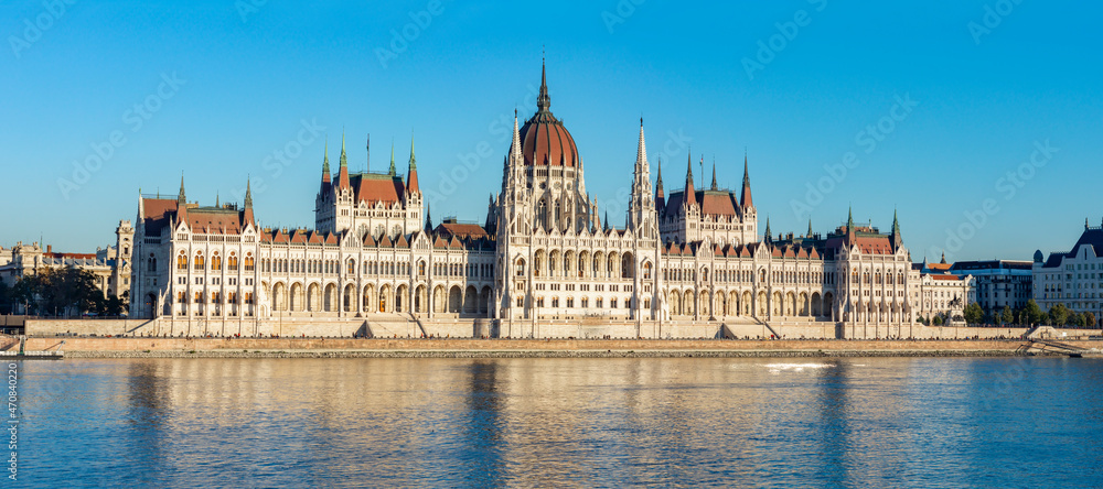 Hungarian Parliament building at sunset in Budapest, Hungary