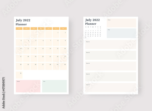 July 2022 planner template set. Set of planner and to do list. Monthly, weekly, daily planner template. Vector illustration.