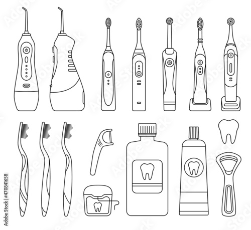 Vector outline set of dental cleaning tools and oral care hygiene products. Electric toothbrush and irrigator