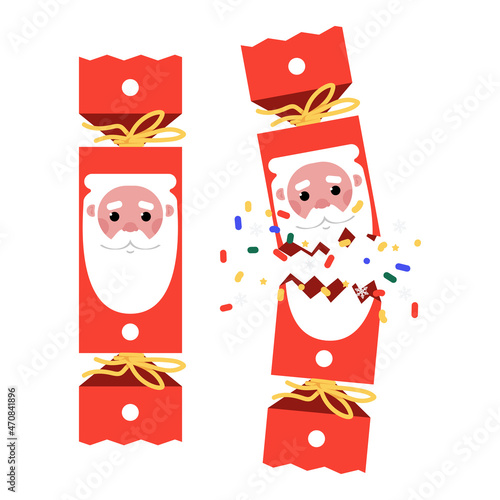 Christmas cracker with Santa Claus face vector cartoon illustration isolated on a white background.