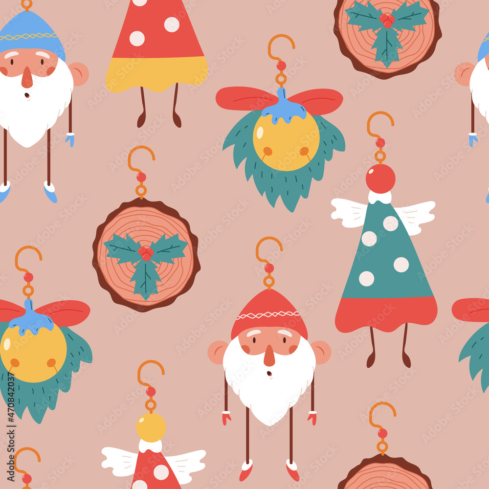 Christmas tree hanging decoration vector cartoon seamless pattern background for wallpaper, wrapping, packing, and backdrop.