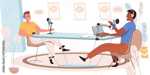 Recording audio podcast people concept in modern flat design. Men in headset talking to microphones, presenters talking live in online radio studio, person scene. Vector illustration for web banner