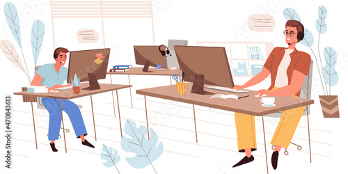 Call center people concept in modern flat design. Technical support operators in headsets answer calls or chatting, working on computers in office, person scene. Vector illustration for web banner