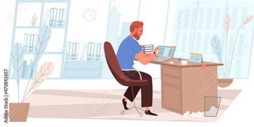Deadline people concept in modern flat design. Busy man working at laptop at office. Time management, organization of workflow, execution of tasks, person scene. Vector illustration for web banner