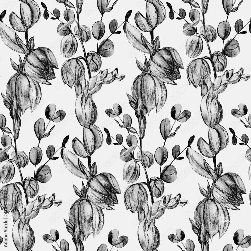 Botanical vertical black and white pattern with bell flowers drawn in pencil on a white background for textiles and surface design Botanical vertical black and white pattern with bell flowers drawn in pencil on a white background for textiles and surface design