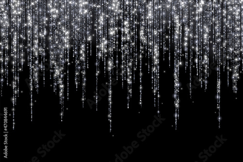 Silver holiday decoration long glitter garland on black background. Vector photo