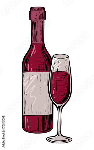 Bottle of wine and full glass, color vector illustration