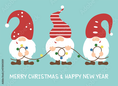 Cute Christmas gnomes hold lights in their hands. Winter gnomes with garland holiday set. Baby dwarf decor. Christmas ornament isolated on blue background.