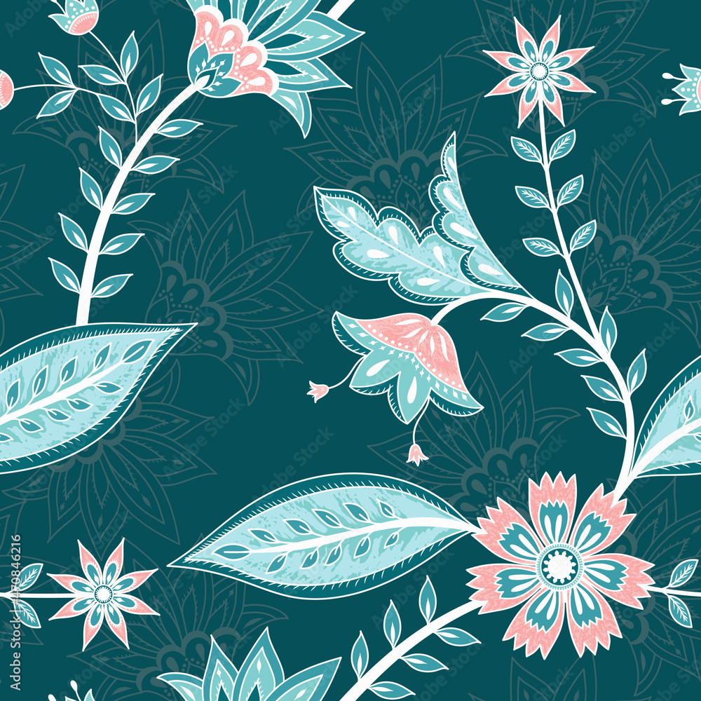Flower chintz indian pattern seamless vector. Botanical batik paisley ...