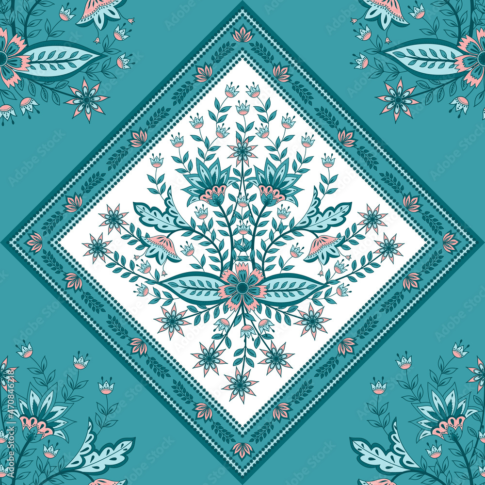Flower chintz indian pattern seamless vector. Botanical batik scarf print. Paisley background. Oriental floral ornament design motif for wallpaper, silk fabric, textile, blanket, clothing, carpet, rug