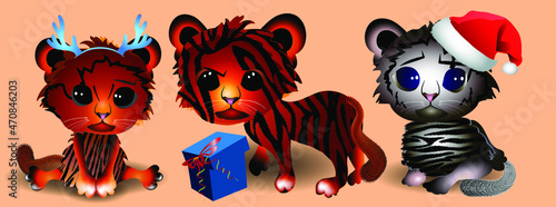Set of little funny tigers with elements of New Year's feasts.Vector illustration