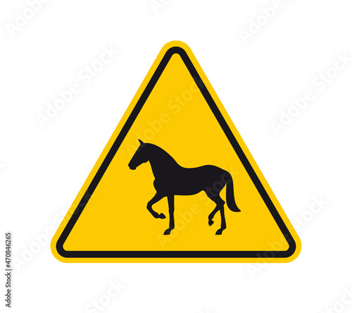 Vector yellow triangle sign - black silhouette horse. Isolated on white background.