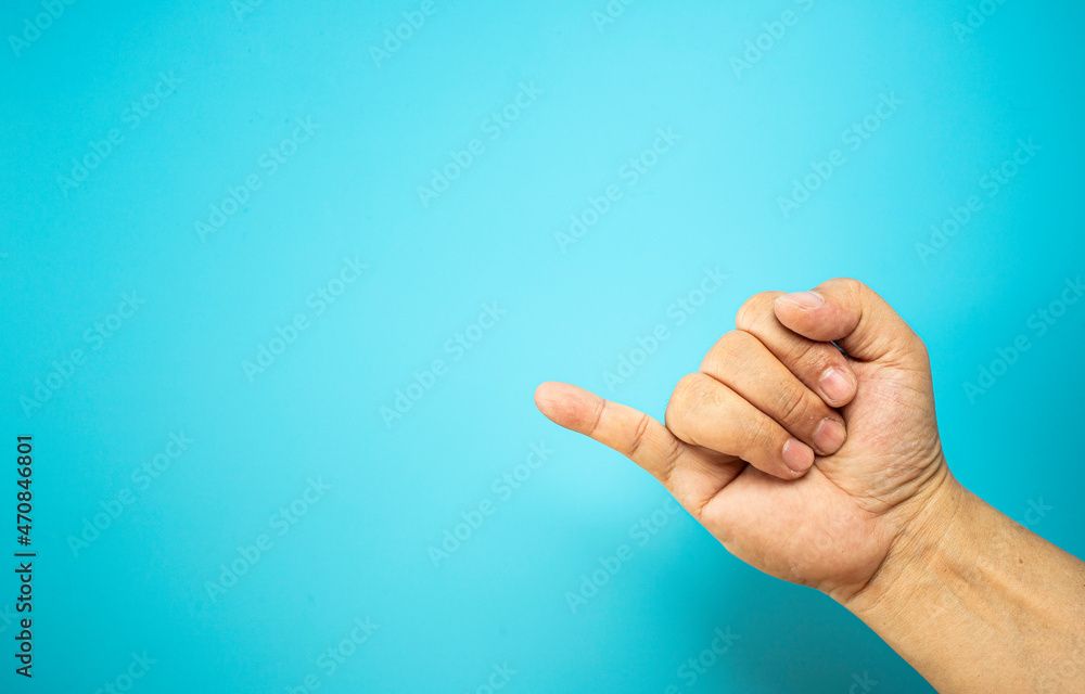 Hand with many actions meaning on the blue background with copy space