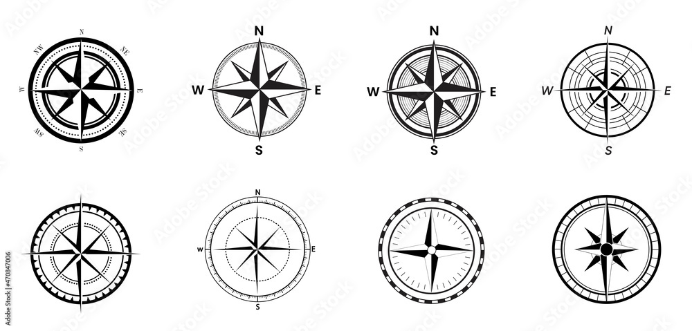 Compass icons. Compass symbol set. Wind rose icon. Stock vector. Compass icons. Compass symbol set. Wind rose icon. Stock vector.