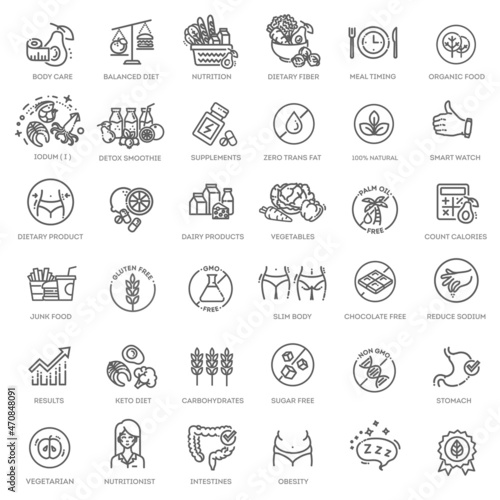 Web Set of Nutrition, Healthy food and Detox Diet Vector Thin Line Icons