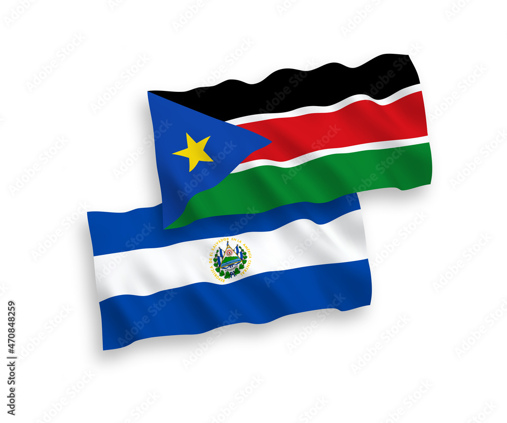 National vector fabric wave flags of Republic of El Salvador and Republic of South Sudan isolated on white background. 1 to 2 proportion. National vector fabric wave flags of Republic of El Salvador and Republic of South Sudan isolated on white background. 1 to 2 proportion.