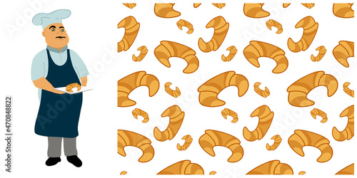 Set. Male chef seller croissants and croissant seamless pattern.  Vector flat style illustration isolated on white background.