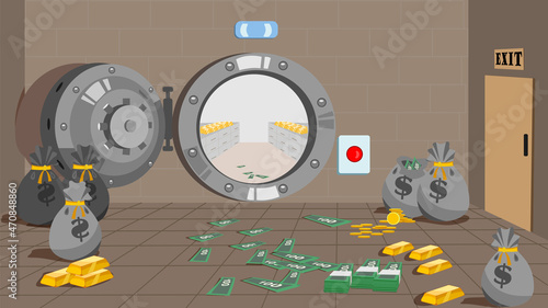 The bank vault is inside. Vector image of a cartoon bank vault with an open door to a safe and an interior inside the room. Bags of money are lying on the floor, and bills and gold bars are lying 