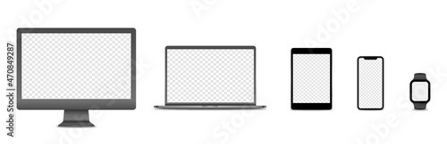 Device screen set - laptop smartphone tablet computer monitor. Realistic models smartphone with transparent screens. Smartphone mockup collection. 3D mobile phone with shadow on transparent background