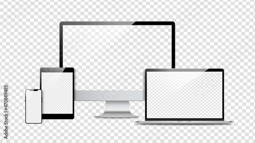 Device screen set - laptop smartphone tablet computer monitor. Realistic models smartphone with transparent screens. Smartphone mockup collection. 3D mobile phone with shadow on transparent background