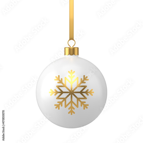 Classic white metallic or glass New Year hanged sphere toy with golden snowflake 3d vector