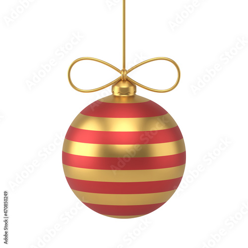 Bright shining golden and red metallic luxury decorative ball with bow and rope hanging 3d vector