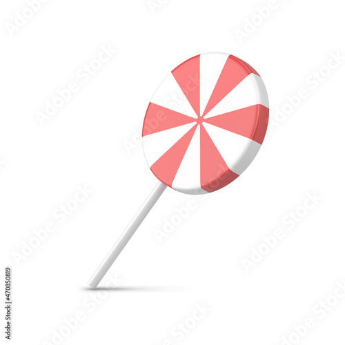 Classic Christmas tree decor toy for handing red striped lollipop on stick 3d realistic vector