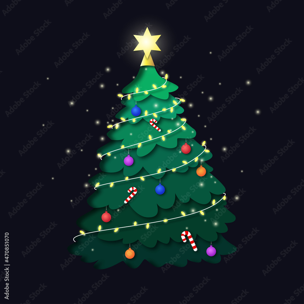 Christmas tree illustration in paper cut style. Can be used as a gift card, or as a Christmas background
