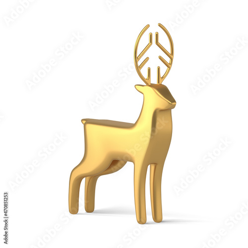 Elegant luxury nord deer huge horns abstract shape golden realistic Christmas tree toy 3d vector