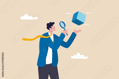Business case study or marketing research, analyze product prototype or competitor, learning or search for strong and weakness concept, smart businessman use magnifying glass to analyze floating cube. photo