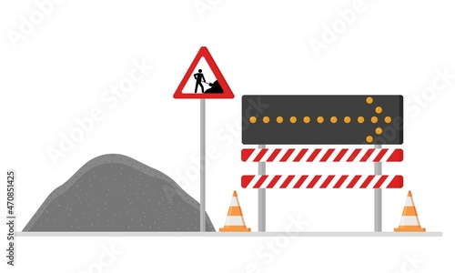 Road works, repairs. Installed fences, a detour direction indicator. Warning road signs. Vector.