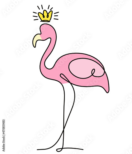 Silhouette of color abstract flamingo as line drawing on white. Vector
