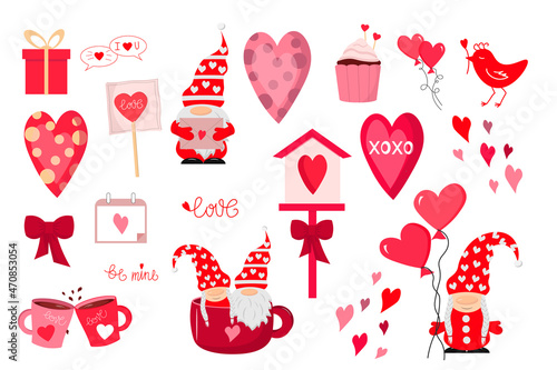 Set of illustrations for valentines day. Hearts, lettering, little gnomes, birdhouse and bird, gifts and cups. Vector drawing. For use in the design of cards, invitations, prints, fabrics, gift shops
