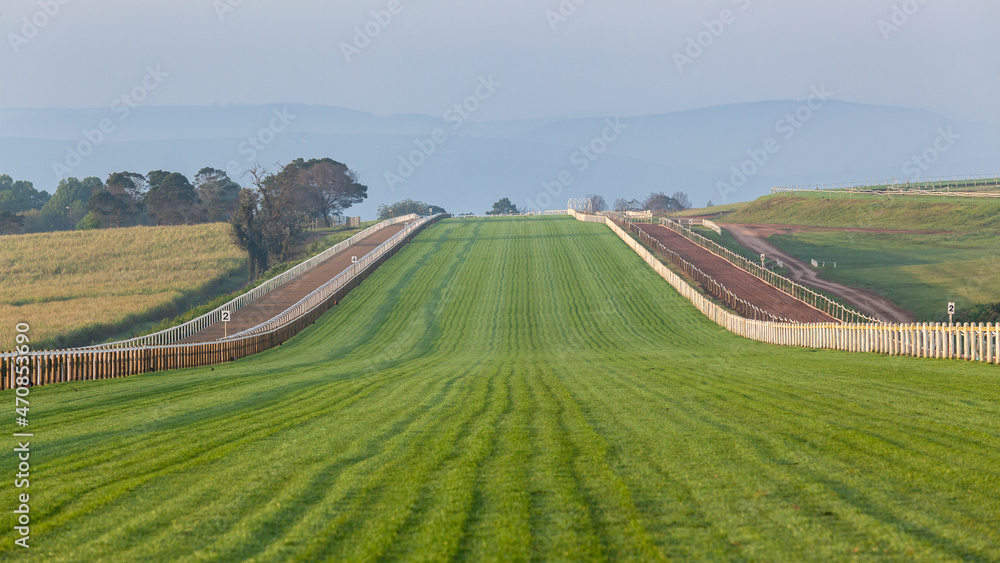 Race Horse Grass Turf Track Training Panoramic Horizon  Landscape.