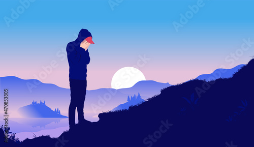 Mental health in men - Young male standing alone in beautiful landscape with hands covering face, feeling depressed and sad. Vector illustration.