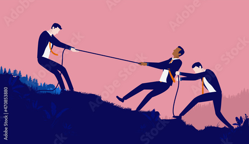 Unfair business competition - Two men against one pulling rope in tug of war. Vector illustration photo