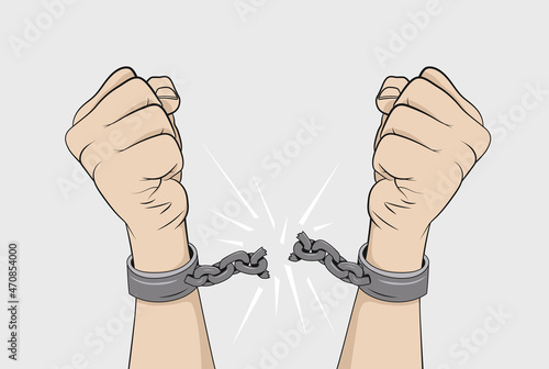 Hand breaking chains vector illustration. Breaking free and freedom concept