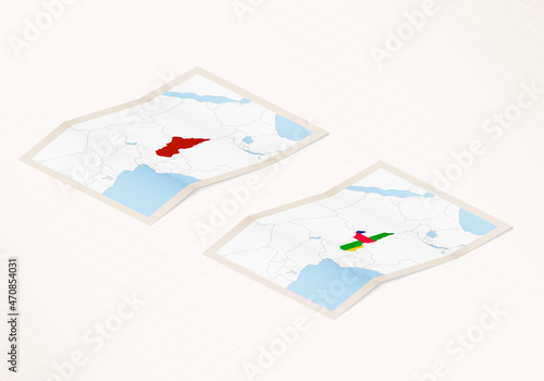 Two versions of a folded map of Central African Republic with the flag of the country of Central African Republic and with the red color highlighted.