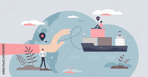 Protectionism policy as domestic business protection tiny person concept. Foreign competition limitation and trading conflict restriction with prohibited shipping regulations vector illustration.