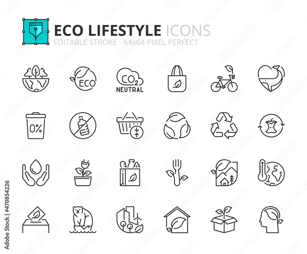 Simple set of outline icons about eco lifestyle. Ecology concept.