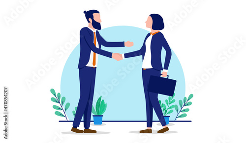 Businesswoman and man doing handshake - Vector illustration of two business people shaking hands with white background