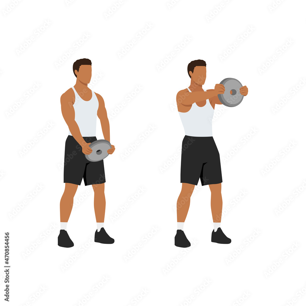 Man doing Standing front shoulder plate raises exercise. Flat vector illustration isolated on white background. workout character set Man doing Standing front shoulder plate raises exercise. Flat vector illustration isolated on white background. workout character set