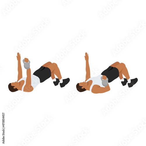 Man doing Single arm. Floor glute bridge press exercise. Flat vector illustration isolated on white background. workout character set