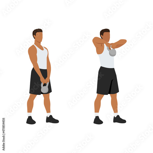 Man doing Upright kettlebell front rows exercise. Flat vector illustration isolated on white background. workout character set